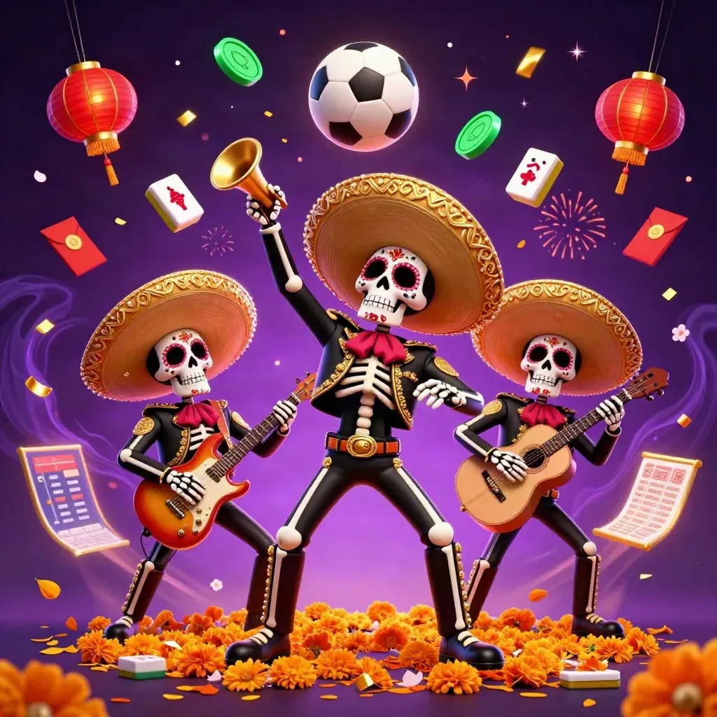 Skeleton mariachi trio amid casino bursts, soccer ball, lanterns, coins, and gold confetti