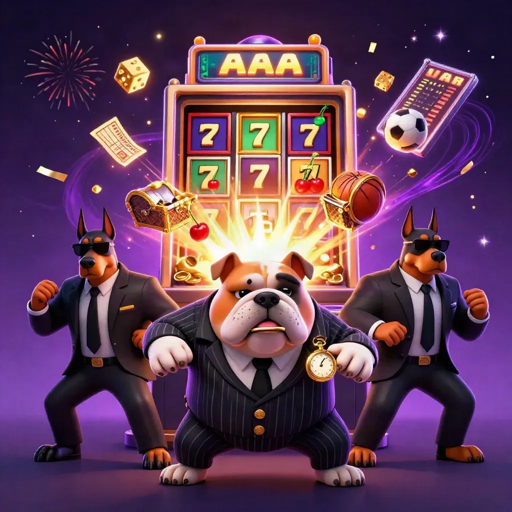 Bulldog mob boss and Dobermans amid exploding slot machine, gold dice, and neon casino fireworks.