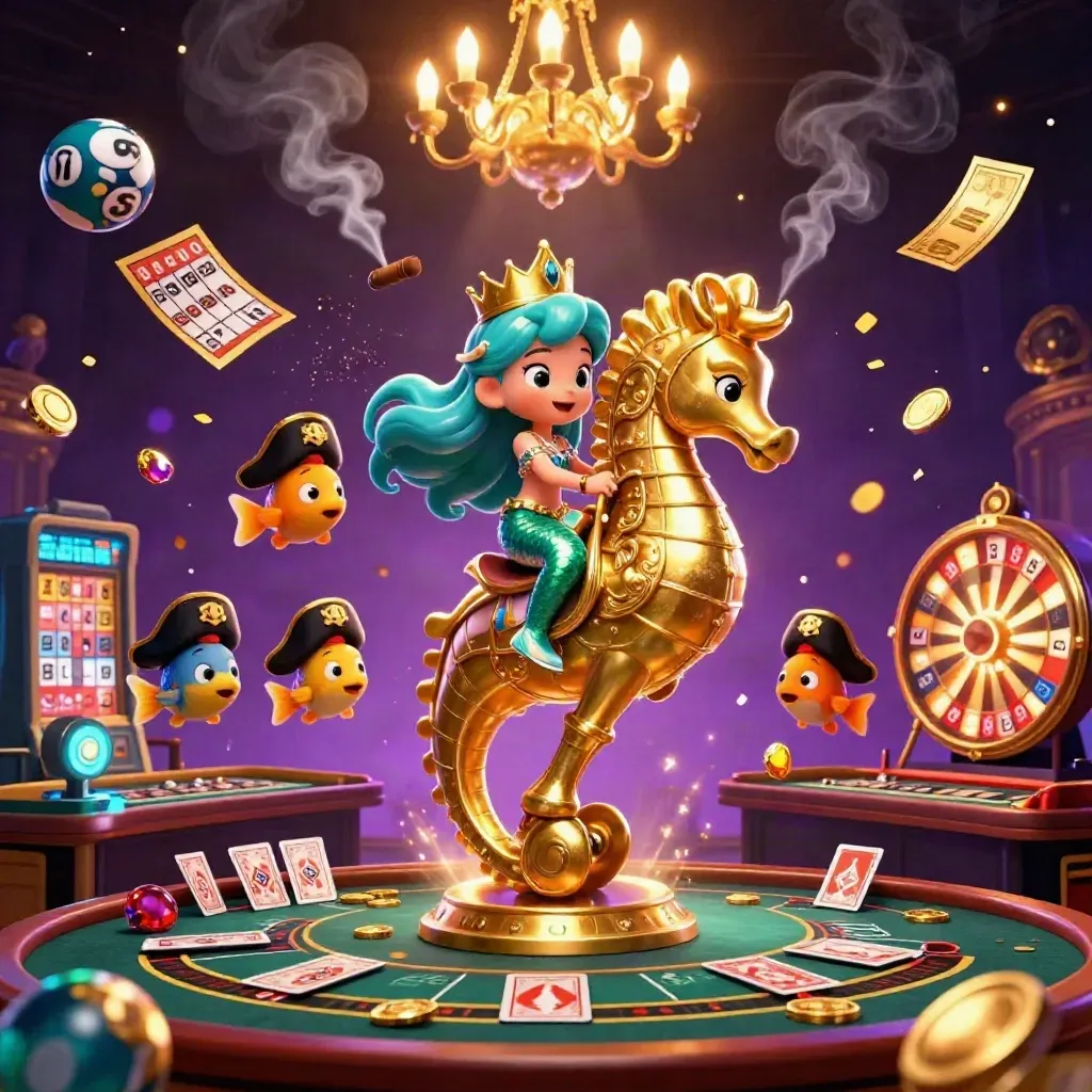 Mermaid princess rides armored seahorse amid casino magic, prize wheel, balls, and gold confetti.