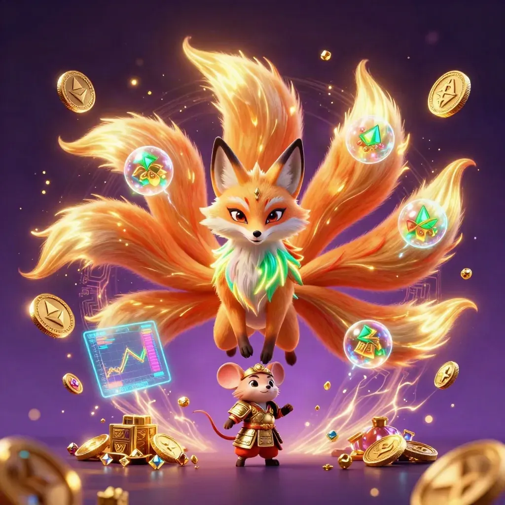 Nine-tailed fox spirit and armored samurai mouse amid neon coins, magic, and casino energy