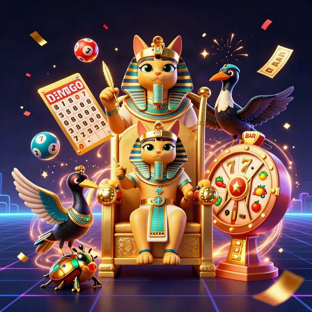 Pharaoh cat, ibis scribe, and scarabs amid casino bursts, neon grid, fireworks, and gold effects.