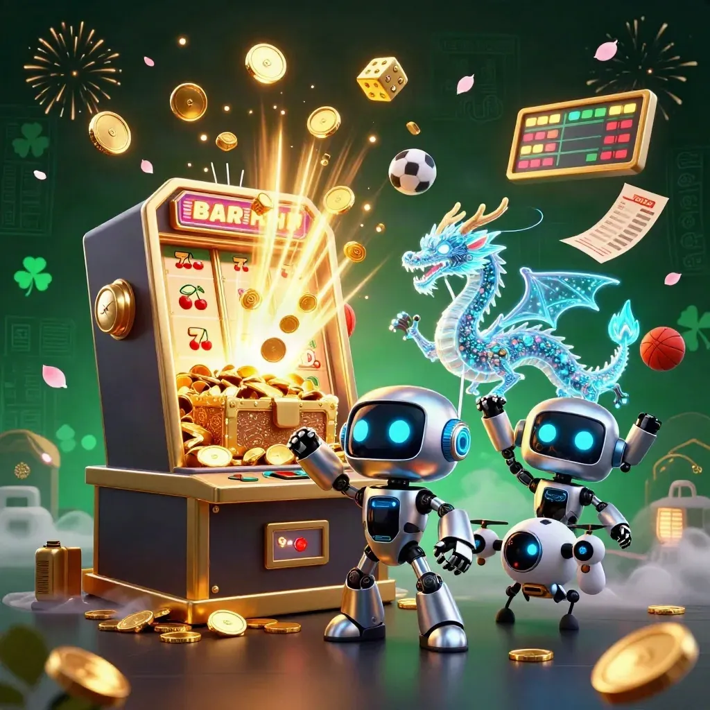 Cyberpunk robot, holographic dragon, and coin drone burst from a jackpot slot with gold coins.