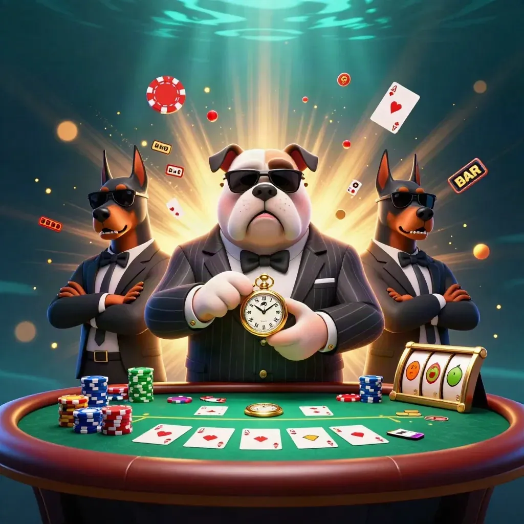 Bulldog mob boss with Dobermans over poker chips, cards, reels, and casino glow.