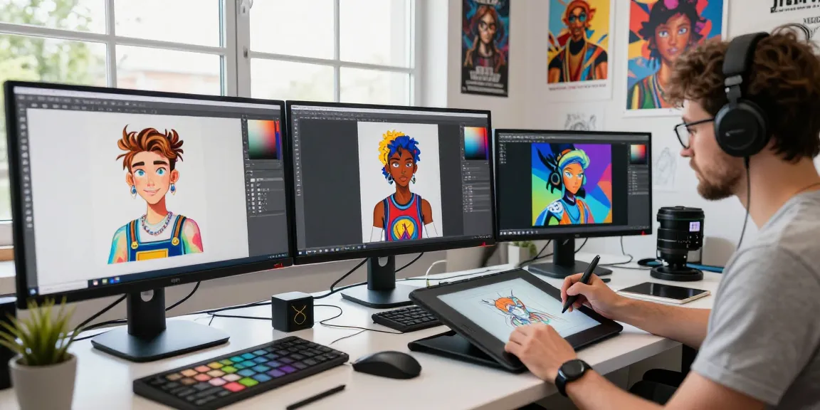 Creating stunning NSFW AI art in a vibrant studio with digital tools and colorful designs.